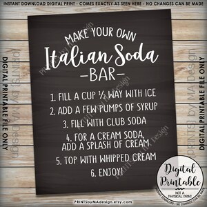 Op de afbeelding: Een zwart-witte printbare poster met de tekst "Make Your Own Italian Soda - Bar -" en instructies voor het maken van een Italiaanse soda. De instructies omvatten het halfvol vullen van een glas met ijs, het toevoegen van een paar pompjes siroop, het vullen met club soda, het toevoegen van een scheutje room voor een roomsoda, het garneren met slagroom en het genieten.