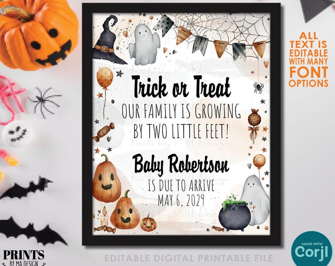 Trick or Treat Our Family is Growing by 2 Little Feet, PRINTABLE 8x10/16x20” Halloween Pregnancy Announcement Sign <Edit Yourself w/Corjl>