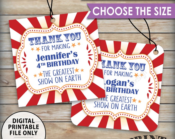 Carnival Birthday Tags, Thank You Tags, Greatest Show on Earth B-day Carnival Themed Party, Circus, Choose Tag Size, 8.5x11" PRINTABLE Sheet