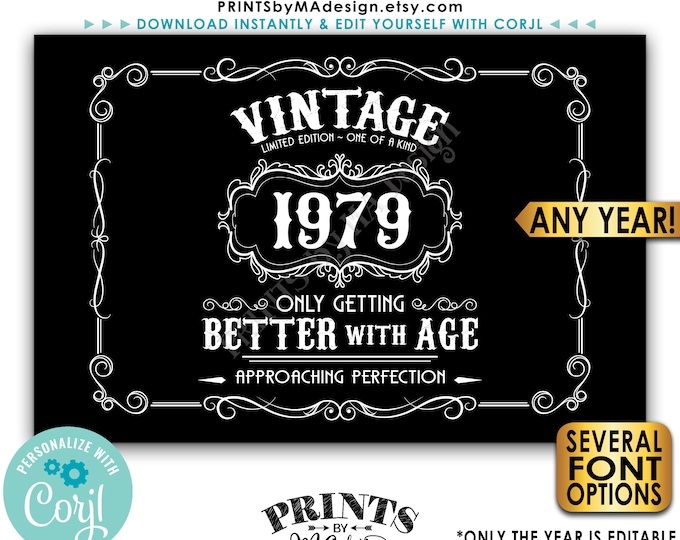 Vintage Birthday Sign, Getting Better with Age Liquor Themed Party, Black & White PRINTABLE 24x36” Sign <Edit Yourself with Corjl>
