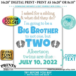 Voy a ser un anuncio de embarazo de hermano mayor para gemelos, personalizado IMPRIMIBLE 8x10/16x20” Twins Reveal Sign <Edit Yourself with Corjl>
