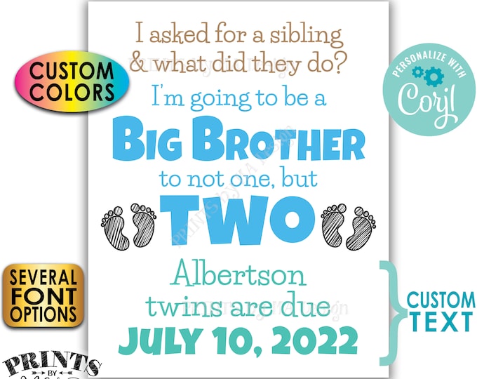 I'm Going to be a Big Brother to Twins Pregnancy Announcement, Custom PRINTABLE 8x10/16x20” Twins Reveal Sign <Edit Yourself with Corjl>