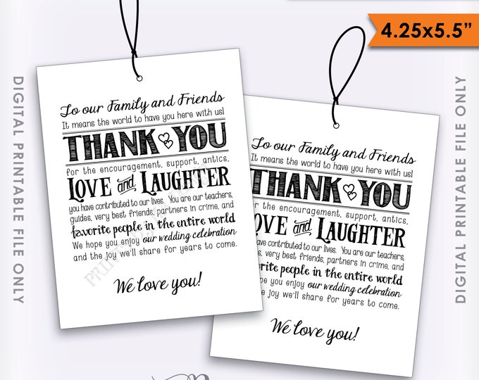 Thank You Tags, Wedding Tags, Welcome Bag, Out of Town Guests, Destination Wedding Thank Yous, PRINTABLE 4.25x5.5" tags on 8.5x11" Sheet