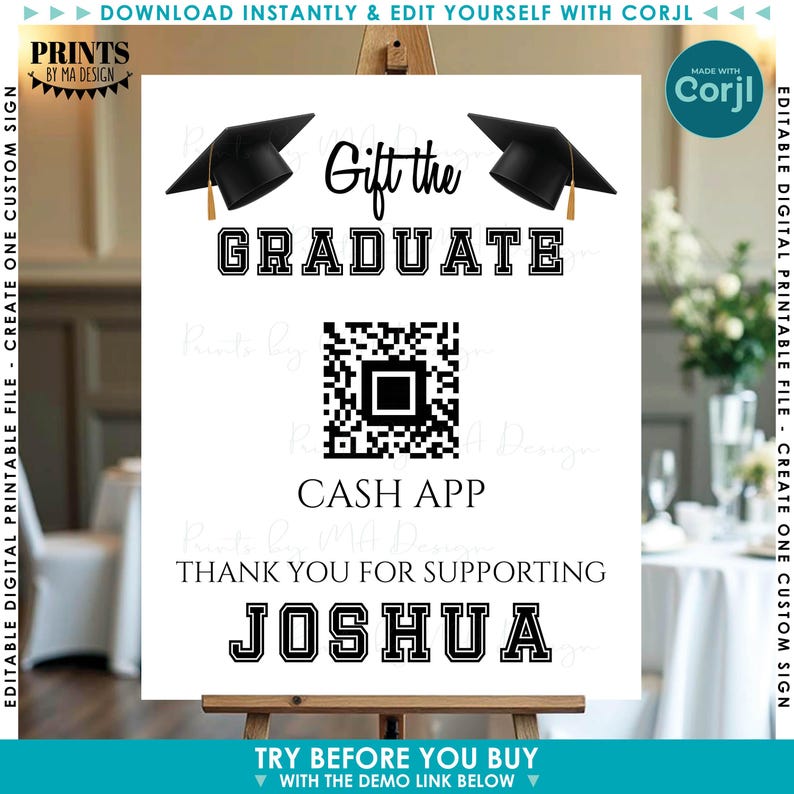 Editable Graduation Party QR Code Sign, Donate to the Grad, Custom PRINTABLE 8x10/16x20” Portrait Sign <Edit Yourself w/Corjl> image 3