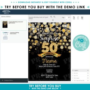 May include: A black and gold 50th birthday party invitation with a gold glitter 50 and the text "Please Join Us for a Surprise 50th Birthday Party honoring Name".
