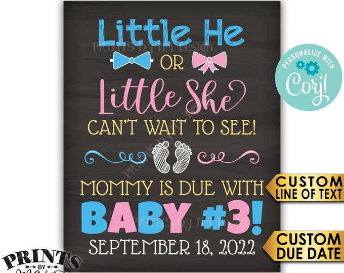 Little He or Little She Can't Wait to See Baby #3 Pregnancy Announcement Sign, PRINTABLE Chalkboard Style Reveal <Edit Yourself with Corjl>