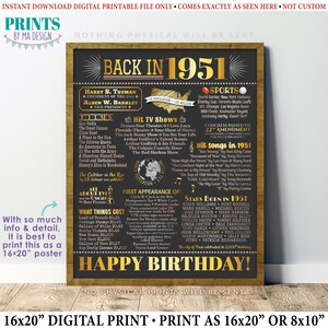 Affiche d'anniversaire « Retour en 1951 », Décoration souvenir d'anniversaire 1951, Cadeau d'anniversaire 1951, Panneau imprimable 40 x 50 cm, Décoration d'anniversaire dorée <ID> image 1