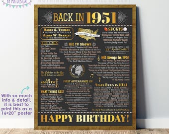 Back in 1951 Birthday Poster Board, Flashback to 1951 Birthday Decoration, ‘51 B-day Gift, PRINTABLE 16x20” Sign, Gold Birthday Decor <ID>