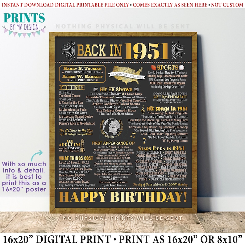 Affiche d'anniversaire « Retour en 1951 », Décoration souvenir d'anniversaire 1951, Cadeau d'anniversaire 1951, Panneau imprimable 40 x 50 cm, Décoration d'anniversaire dorée <ID> image 1