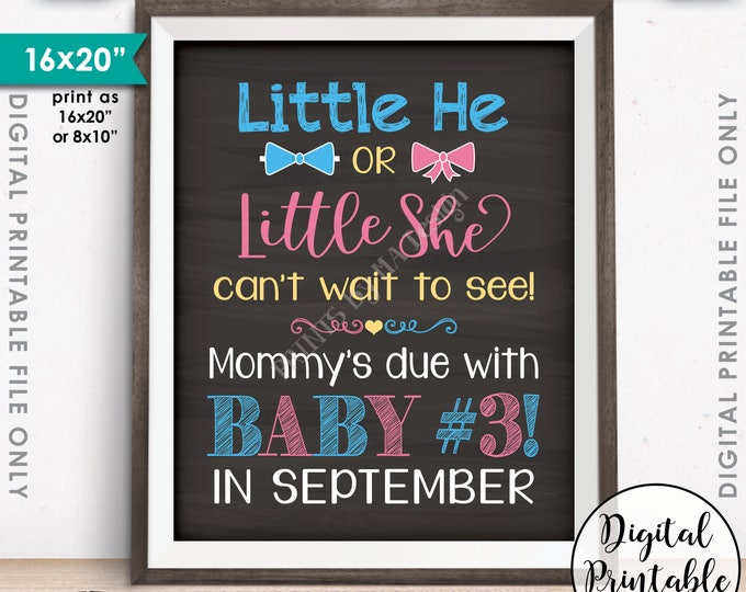 Pregnancy Announcement Sign, Little He or Little She Can't Wait to See Baby #3, SEPTEMBER Dated Chalkboard Style PRINTABLE Reveal Sign <ID>