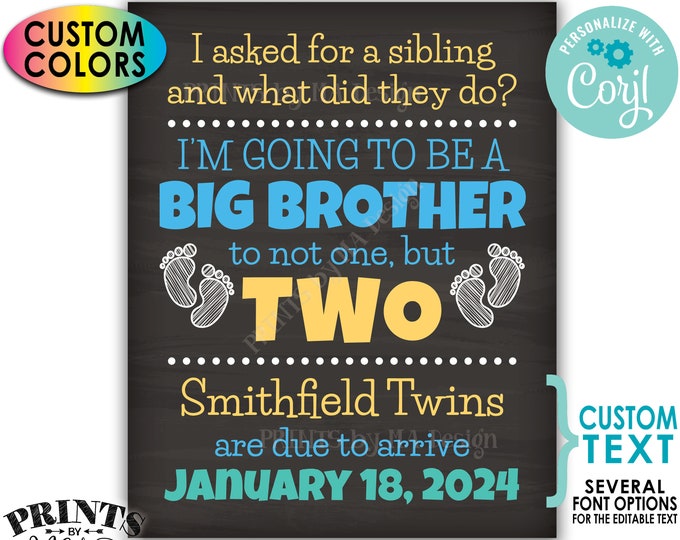 Twins Pregnancy Announcement Sign, Promoted to Big Brother to Twins, PRINTABLE 8x10/16x20” Chalkboard Style Sign <Edit Yourself with Corjl>