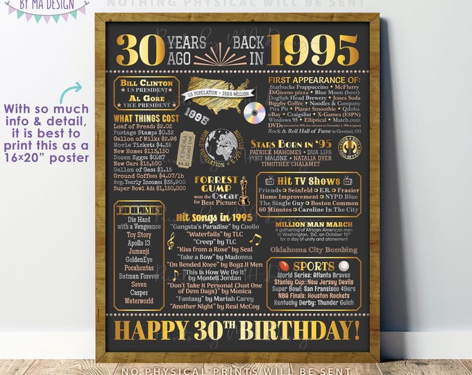 30th Birthday Poster Board, Back in the Year 1995 Birthday Sign, Flashback 30 Years Ago B-day Gift, Custom PRINTABLE 16x20” Born in ‘95 Sign