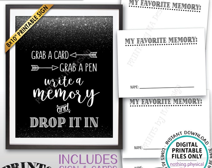 Write a Memory, Grab a Card and Pen Drop it In, Birthday Graduation Retirement, PRINTABLE 4.25x5.5" Cards & 8x10” Black/Silver Sign <ID>