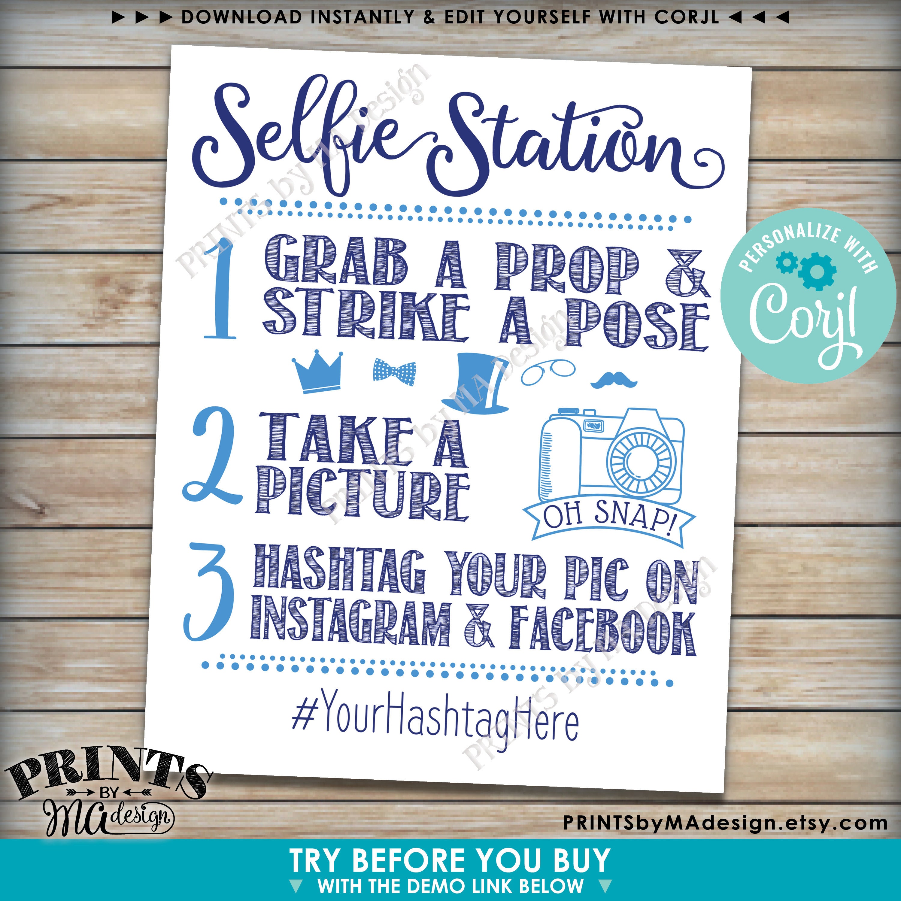 Selfie Station Sign, Share on Instagram & Facebook, Custom  