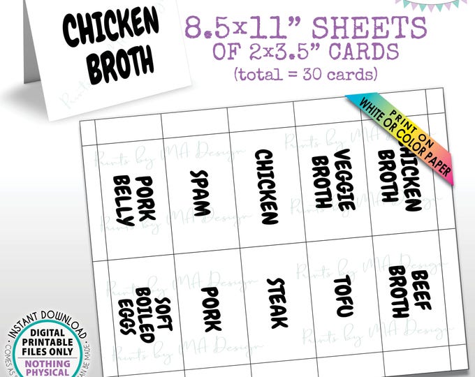 Ramen Noodle Bar Labels, Build Your Own Bowl of Ramen Ingredients, 30 Place Cards on PRINTABLE 8.5x11” Sheets <ID>