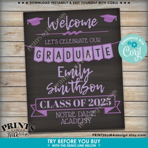 May include: Purple and black graduation sign with the text "Welcome", "Let's Celebrate Our Graduate", "Emily Smithson", "Class of 2025", "Notre Dame Academy", and "Personalize with Corjl".