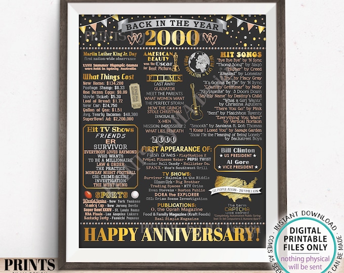 Back in the Year 2000 Anniversary Sign, Flashback to 2000 Anniversary Decor, Anniversary Gift, PRINTABLE 16x20” Poster Board <ID>