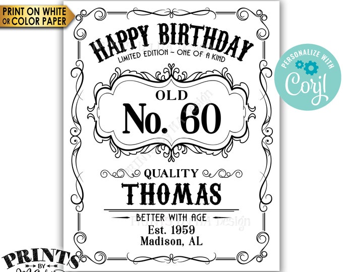 Happy Birthday Sign, Vintage Whiskey Themed Birthday Poster, Better with Age, Black & White PRINTABLE 16x20” Sign <Edit Yourself with Corjl>