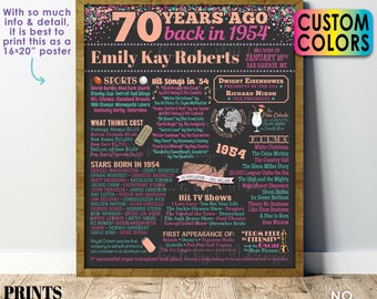 70th Birthday Poster Board, Back in 1954 Flashback 70 Years Ago B-day Gift, Custom PRINTABLE 16x20” Born in 1954 Sign