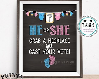 Gender Reveal Party Sign, He or She? Grab a Necklace and Cast Your Vote Pink or Blue, Boy/Girl, PRINTABLE Chalkboard Style 8x10” Sign <ID>
