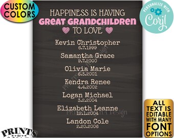 Great Grandparent Gift, List of Great Grandkids, PRINTABLE Chalkboard Style Great Grandchildren Sign <Edit Yourself w/Corjl>
