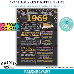 En 1969 Flashback Card o Sign, Remember 1969, Birthday Anniversary Reunion, PRINTABLE 5x7” Sign <Edit Colors Yourself with Corjl>