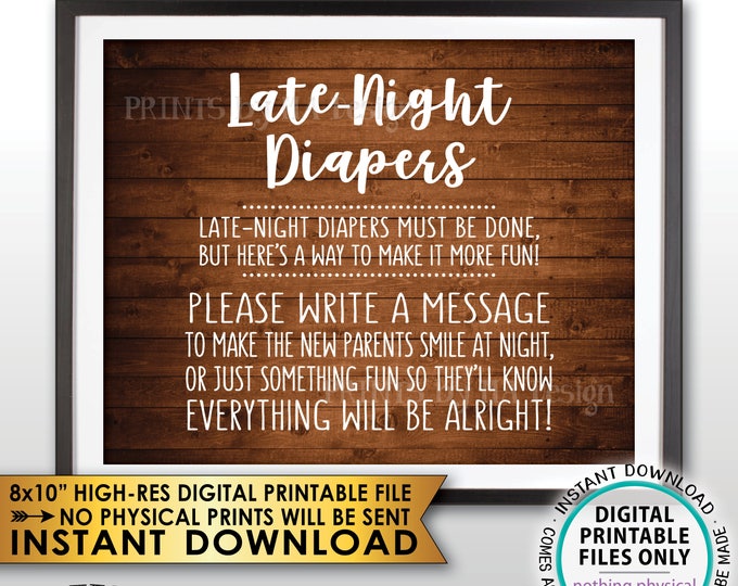 Late Night Diaper Sign, Late-Night Diapers Sign the Diaper Thoughts, Baby Shower Game, Rustic Wood Style PRINTABLE 8x10” Instant Download