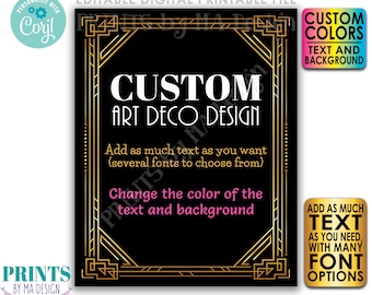 Editable Art Deco Sign, Roaring Twenties Great Gatsby Party, One Custom PRINTABLE 8x10/16x20” Sign, Choose Your Text <Edit Yourself w/Corjl>