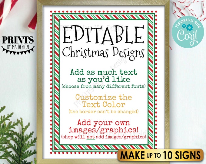 Editable Christmas Signs, Add Text/Graphics, Matches Elf Designs, 10 Custom PRINTABLE 8.5x11" Portrait Digital Files <Edit Yourself w/Corjl>