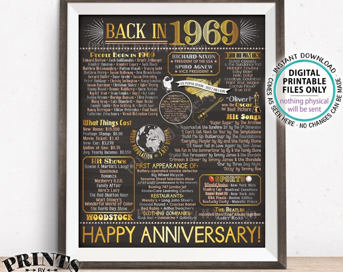 Back in 1969 Anniversary Poster Board, Flashback to 1969 Anniversary Decor, Anniversary Gift, PRINTABLE 16x20” Sign <ID>