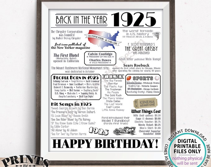 Born in The Year 1925 Flashback Poster, Back in 1925 Sign, Flashback to 1925 USA History, PRINTABLE 16x20” Birthday Party Decoration <ID>