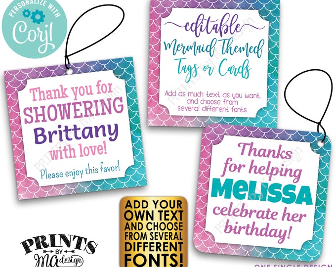 Editable Mermaid Party Tags/Cards, Party Favors, Custom Watercolor Style 3" Squares, PRINTABLE 8.5x11" Digital File <Edit Yourself w/Corjl>