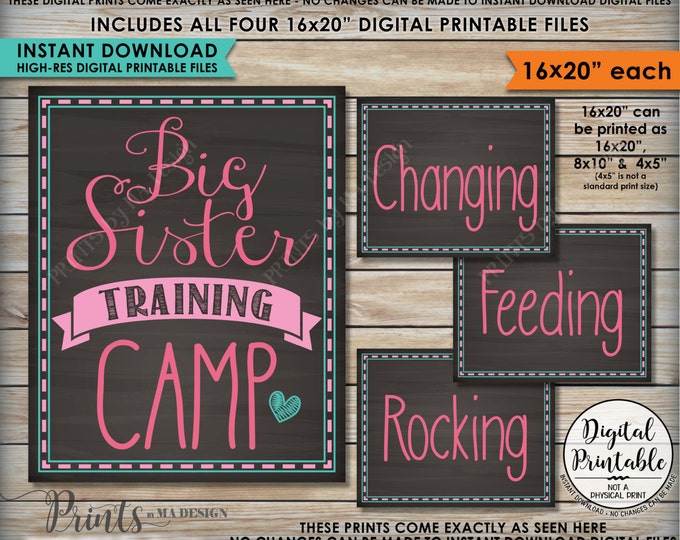 Big Sister Training Camp Photo Props, Pregnant Baby #2 Announcement, FOUR 16x20” Chalkboard Style Instant Download Digital Printable Files