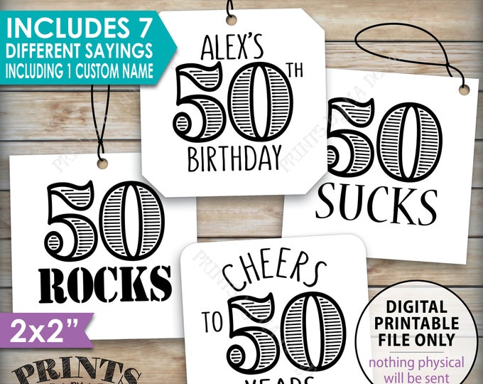 50th Birthday Tags, Funny 50th Bday Candy Bar, 50 Suck Blows Rock, Cheers to 50 Years, Kiss 40s Goodbye, Printable 2" Tags on 8.5x11" Sheet