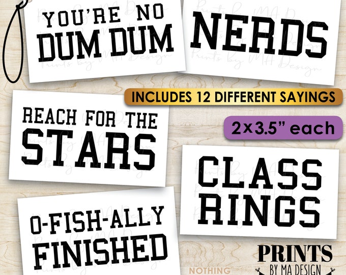 Graduation Party Candy Signs, Candy Bar Buffet, Smarties Suckers Class Ring Nerds Worms, Twelve 2x3.5" cards on PRINTABLE 8.5x11" Sheet <ID>