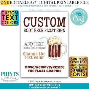 Peut inclure: Affiche numérique imprimable au format 5x7 pouces, personnalisable pour un flotteur à la bière de racine. L'affiche présente une illustration de dessin animé d'un flotteur à la bière de racine dans un mug en verre avec de la crème fouettée et une paille. Le texte sur l'affiche dit "Custom Root Beer Float Sign".