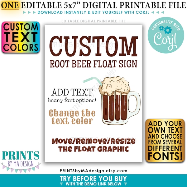 Custom Ice Cream Float Sign, Root Beer Float, Choose Your Text, Create One Custom PRINTABLE 5x7” Drink Sign <Edit Yourself w/Corjl>