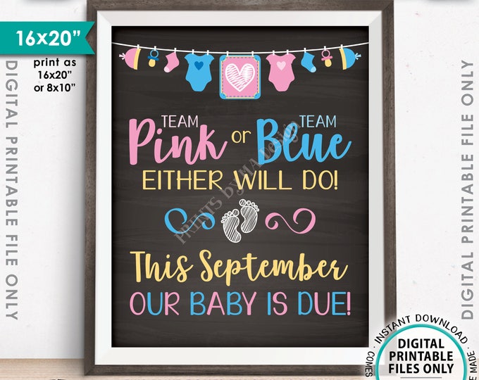 Pregnancy Announcement, Team Pink or Blue Either Will Do Baby is Due in SEPTEMBER Dated Chalkboard Style PRINTABLE Baby Reveal Sign <ID>