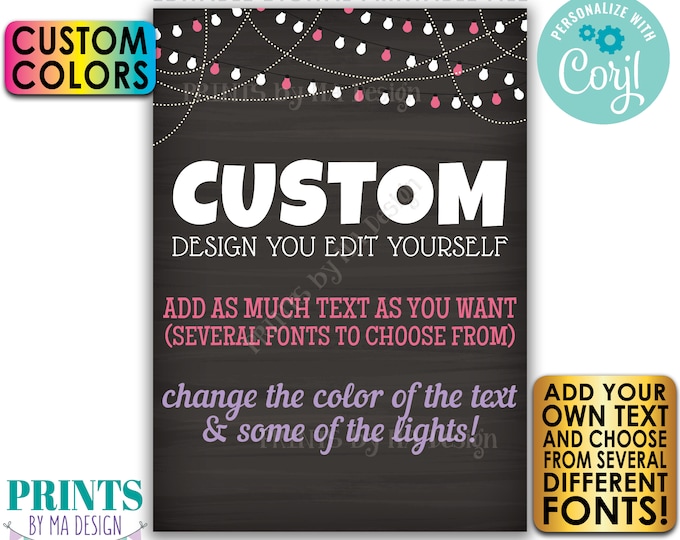 Editable 5x7" Chalkboard Style Portrait Design, Choose Your Text, String of Lights, Custom Digital PRINTABLE File <Edit Yourself w/Corjl>