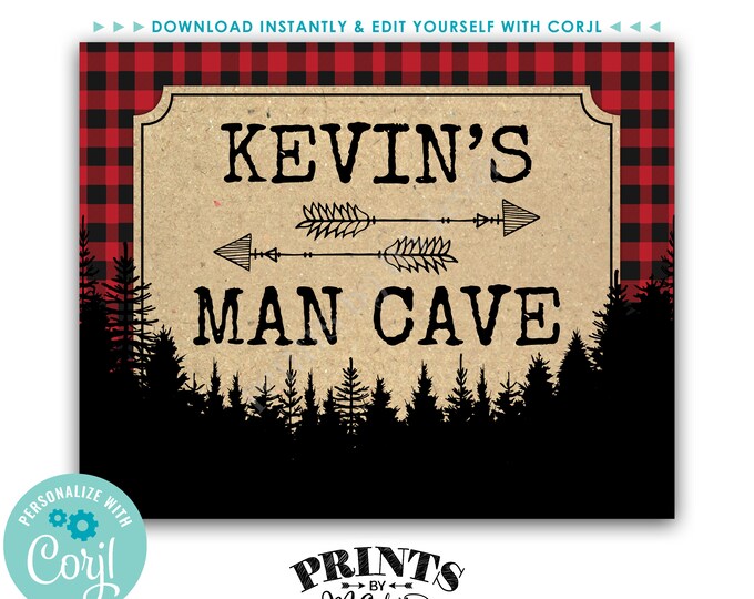 Lumberjack Man Cave Sign, Buffalo Plaid Pine Trees, Custom Name PRINTABLE 8x10/16x20” Red and Black Checker Sign <Edit Yourself with Corjl>