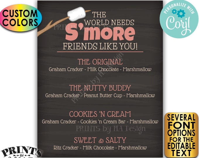 S'mores Sign, The World Needs S'more Friends Like You, Menu, Custom PRINTABLE 8x10/16x20” Chalkboard Style Sign <Edit Yourself with Corjl>