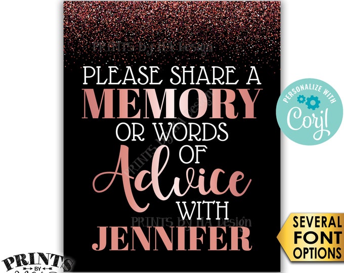 Memory or Advice Sign, Please Share a Memory or Words of Advice, PRINTABLE 8x10/16x20” Rose Gold Glitter Sign <Edit Yourself with Corjl>