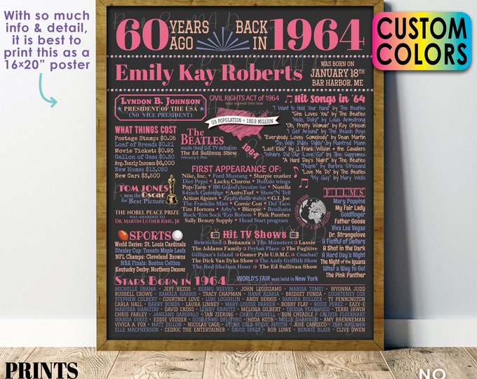60th Birthday Poster Board, Back in 1964 Flashback 60 Years Ago B-day Gift, Custom PRINTABLE 16x20” Born in 1964 Sign