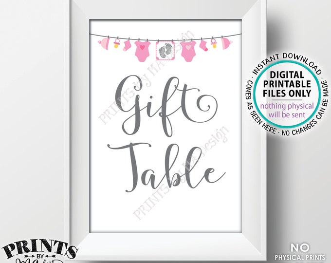 Baby Shower Gift Table Sign, Baby Shower Gifts, Pink Baby Shower Decoration, It's a Girl, Clothesline, PRINTABLE 5x7”  Baby Shower Sign <ID>