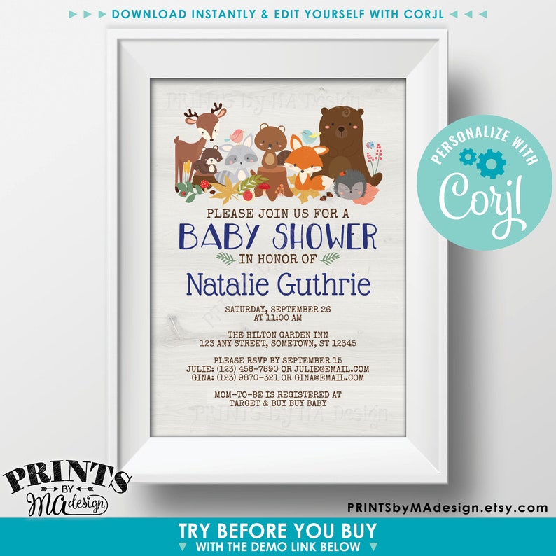 May include: A baby shower invitation with a woodland theme. The invitation features a group of woodland animals, including a fox, a bear, a deer, and a raccoon. The text on the invitation reads "Please join us for a baby shower in honor of Natalie Guthrie".