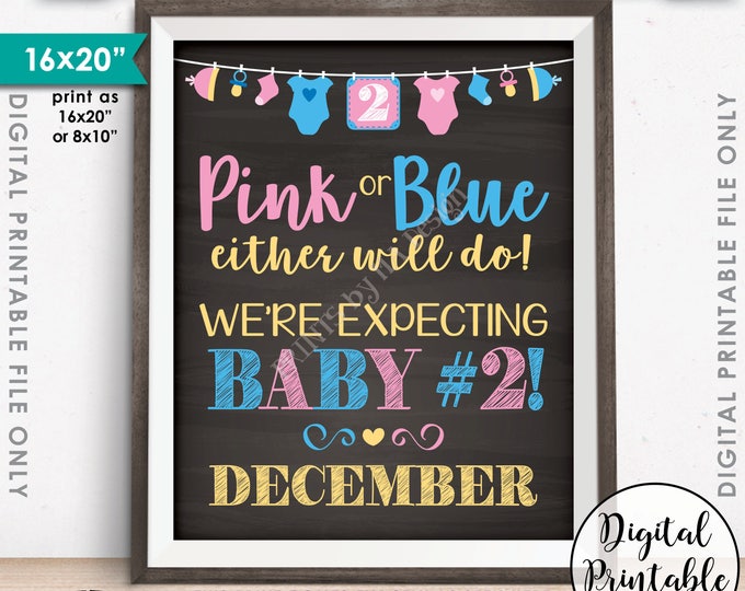 Pregnancy Announcement Pink or Blue Baby Either Will Do Baby Number 2 due DECEMBER Dated Chalkboard Style PRINTABLE Baby #2 Reveal Sign <ID>