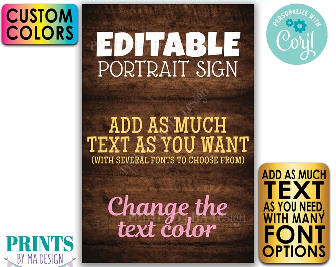 Custom Rustic Wood Style Poster, Choose Your Text & Colors, One PRINTABLE 24x36” Portrait Sign <Edit Yourself w/Corjl>