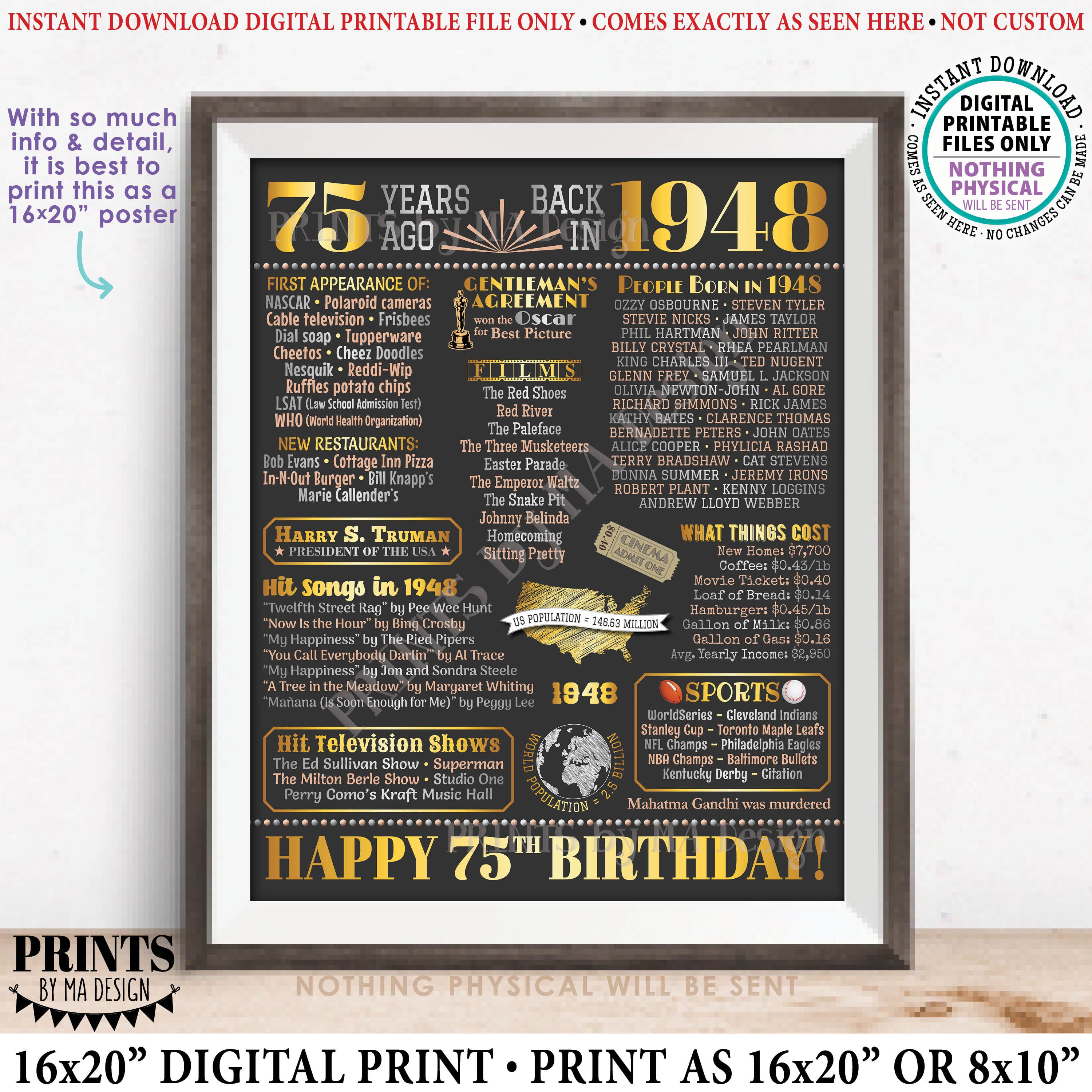 75th Birthday Poster Board, Born in the Year 1948 Flashback 75 Years