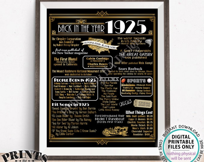 Back in the Year 1925 Sign, Born in 1925 Art Deco Flashback Birthday Party Decoration, 1925 USA History, PRINTABLE 16x20” Sign <ID>