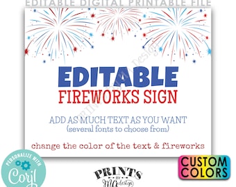 Editable Fireworks Sign, Patriotic 4th of July, Memorial/Labor Day, Choose Your Text, 1 PRINTABLE Landscape Sign <Edit Yourself w/Corjl>